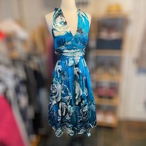 ADRIANNA PAPELL ~ Teal Floral Halter Dress with Beading Detail ~ Size 12